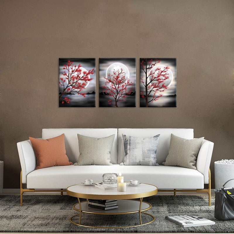 Zlove Natural Canvas Wall Art Red Moon Flower Tree Wall Decor Landscape Painting Pictures for Bedroom, 12"x16", 3Pcs - Image 4